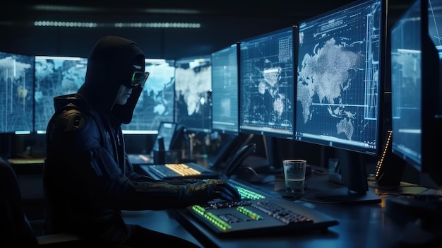 Een man met een masker zit aan een bureau met meerdere computerschermen, met het woord cybersecurity op het scherm.