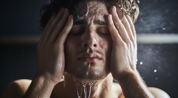 een man met een nat gezicht zit onder het water.