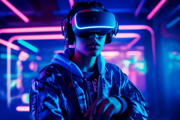 Een man met een neonlicht waarop 'virtual reality' staat