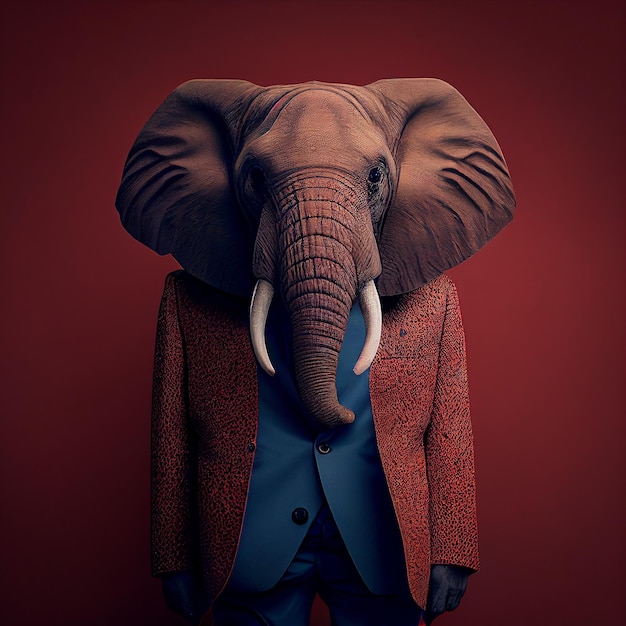 Een man met een olifantenkop, gekleed in een pak en een rood jasje.