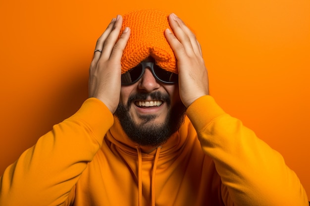 een man met een oranje gebreide muts lacht op een oranje achtergrond