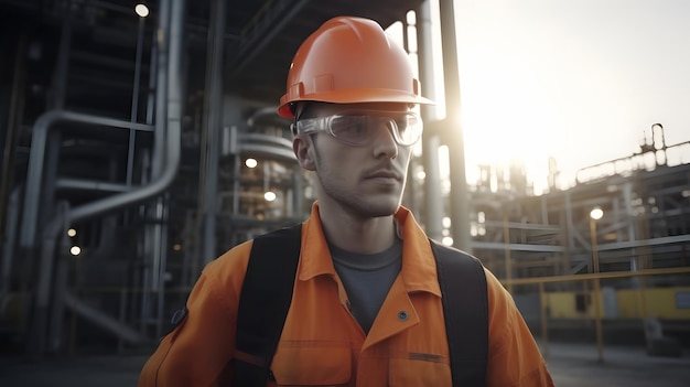 Een man met een oranje helm en een veiligheidsbril staat voor een fabriek.