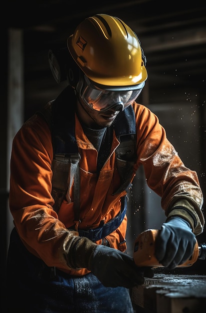 Een man met een oranje helm en een veiligheidsbril zaagt een stuk hout met een zaag.