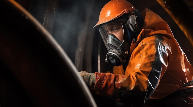 Een man met een oranje jumpsuit en een gasmasker werkt aan een stuk metaal