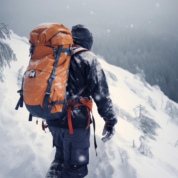 Een man met een oranje rugzak loopt een besneeuwde berg op.