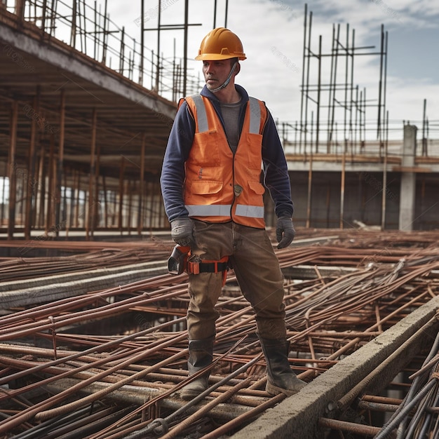 Een man met een oranje veiligheidsvest staat op een bouwplaats.