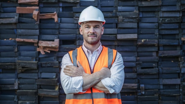 een man met een oranje vest staat voor een stapel zwarte bakstenen