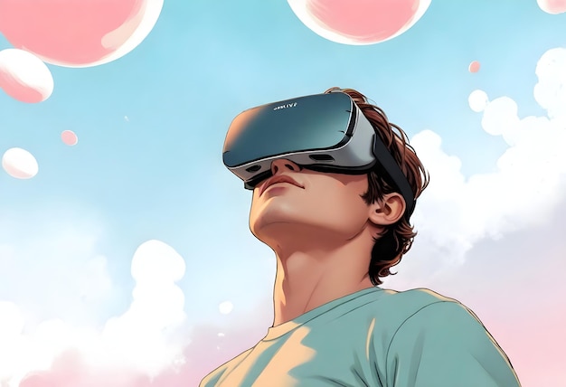 een man met een paar virtuele realiteitsbril kijkt omhoog naar de hemel
