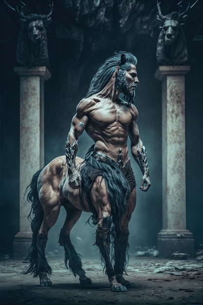 Een man met een paard en het woord centaur erop