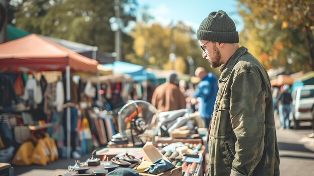 Een man met een pet en een bril kijkt naar een op een vlooienmarkt hij draagt een groen jasje en er zijn veel mensen op de achtergrond