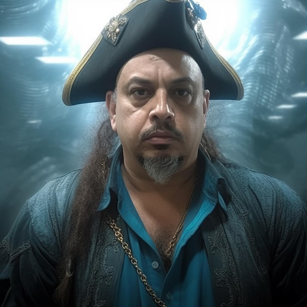 Foto een man met een piratenhoed en een blauw shirt staat voor een licht.