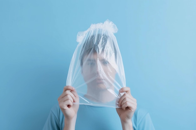 Een man met een plastic zak met een blauwe achtergrond Internationale dag zonder plastic zakken