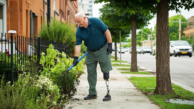 een man met een prosthetisch been is op de stoep en heeft een blauwe schop