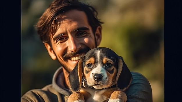 Een man met een puppy in zijn armen.