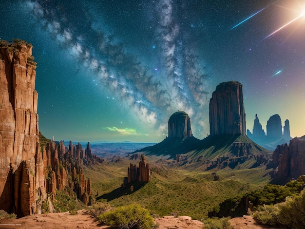 Een man met een rakethoed staat in een woestijnlandschap met een sterrenstelsel aan de hemel.