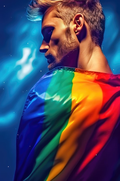 Een man met een regenboogjasje aan