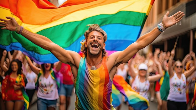 een man met een regenboogvlag midden op straat.
