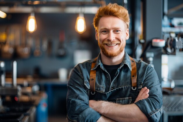 een man met een rode baard staat voor een bar met zijn armen gekruist