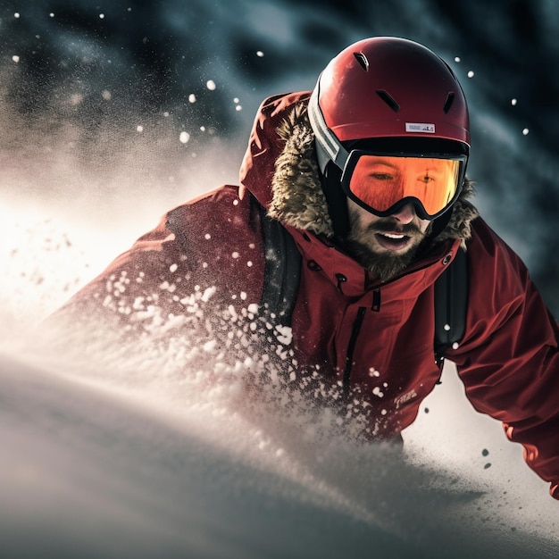 Een man met een rode helm en bril is aan het snowboarden.
