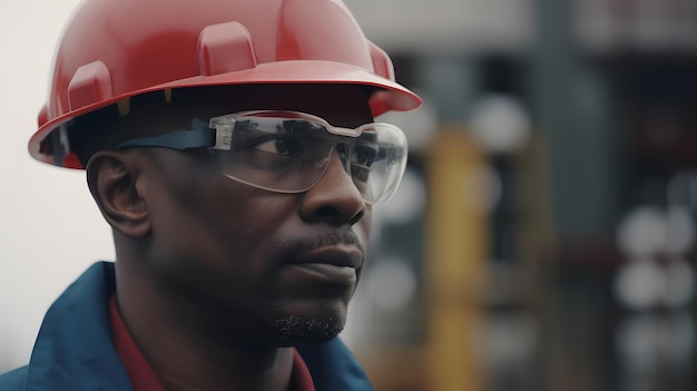 Een man met een rode helm en een veiligheidsbril staat voor een grote industriële fabriek.