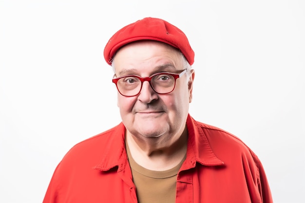 Een man met een rode hoed en een bril staat voor een witte achtergrond