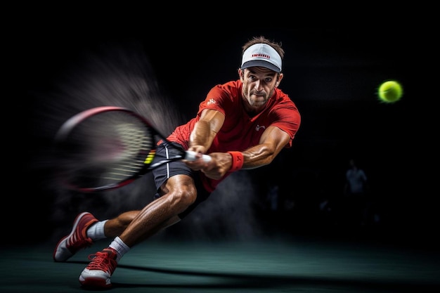 een man met een rood shirt aan met het woord tennis erop