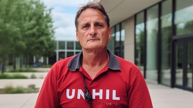 Een man met een rood shirt aan waarop 'unrhl' staat