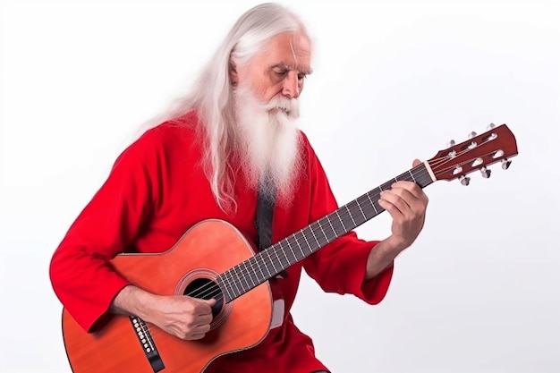 Een man met een rood shirt en een witte baard speelt gitaar