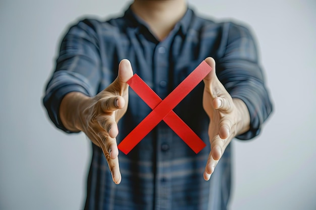 Foto een man met een rood stuk papier in zijn handen.