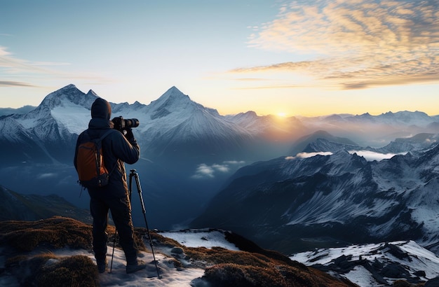 een man met een rugzak die naar de bergen kijkt bij zonsondergang