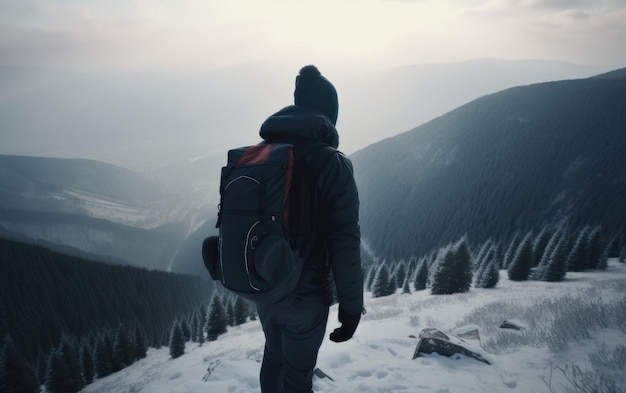 Een man met een rugzak loopt door een besneeuwd bergbos wandelend buitenavontuur ai gegenereerd