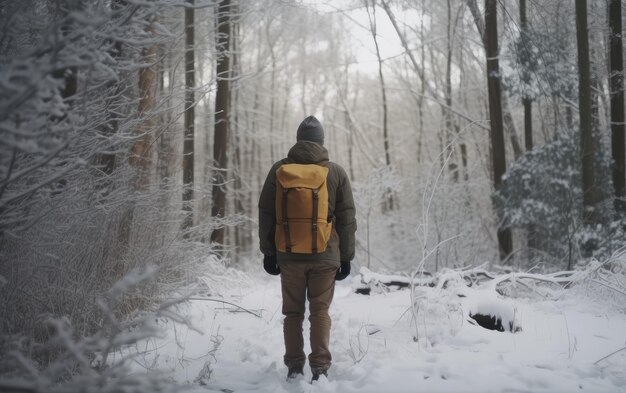 Een man met een rugzak loopt door een besneeuwde bosreiziger die buitenavontuur ai gegenereerd wandelt