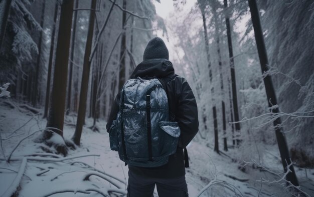 Een man met een rugzak loopt door een besneeuwde bosreiziger die buitenavontuur ai gegenereerd wandelt