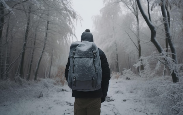 Een man met een rugzak loopt door een besneeuwde bosreiziger die buitenavontuur ai gegenereerd wandelt