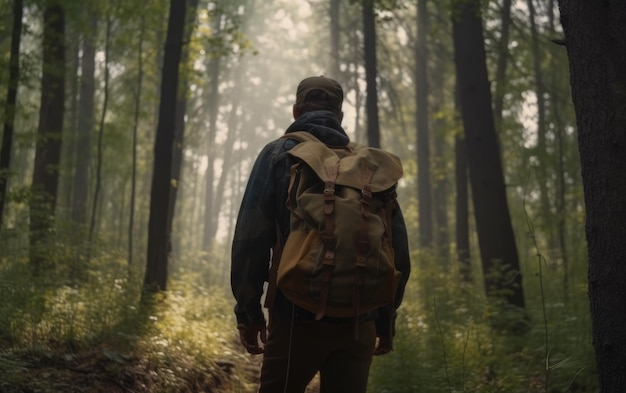 Een man met een rugzak loopt door een zomerse bosreiziger die buiten avontuur ai gegenereerd wandelt