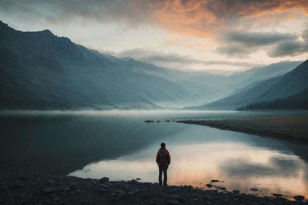 Foto een man met een rugzak staat aan de oever van een bergmeer