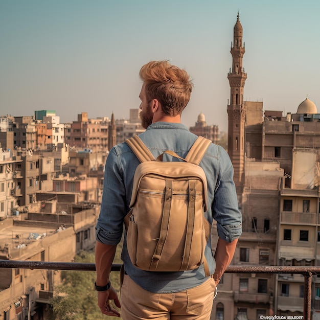 Een man met een rugzak staat op een balkon met uitzicht op een stad