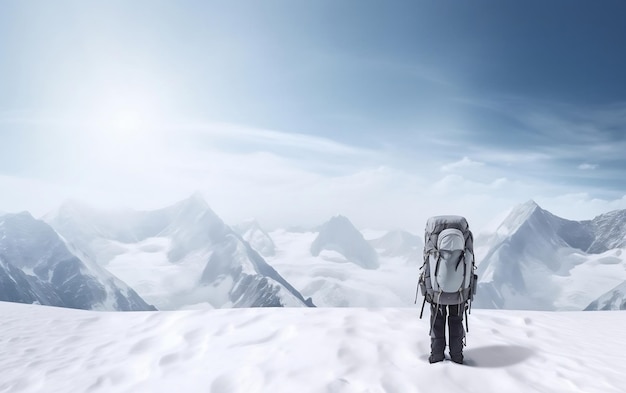 Een man met een rugzak staat op een besneeuwde berg.