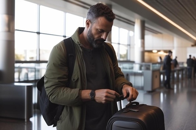 Foto een man met een rugzak staat op een luchthaven met een koffer in zijn hand