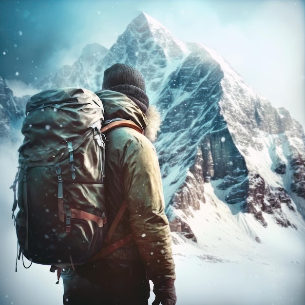 Een man met een rugzak staat voor een besneeuwde berg.