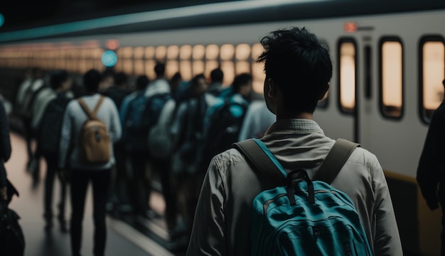 Een man met een rugzak staat voor een metro