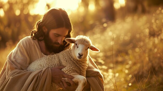 een man met een schaap in een veld generatieve ai