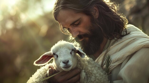 een man met een schaap in zijn handen generatieve ai