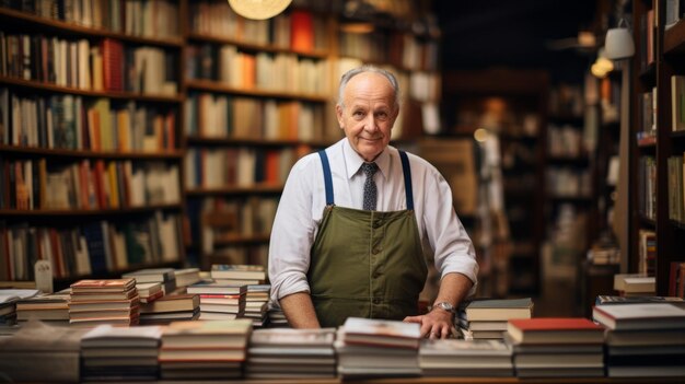 een man met een schort die voor een stapel boeken staat