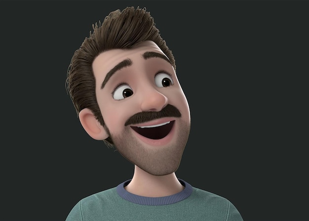 Een man met een snor en een groen shirt lacht.