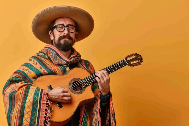 Foto een man met een sombrero en een bril speelt gitaar.