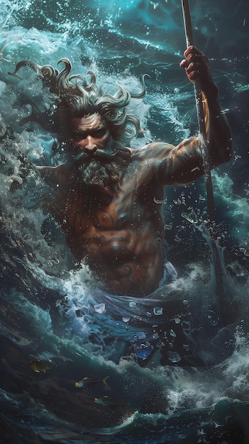 Een man met een speer in zijn hand houdt een speer vast in het water.