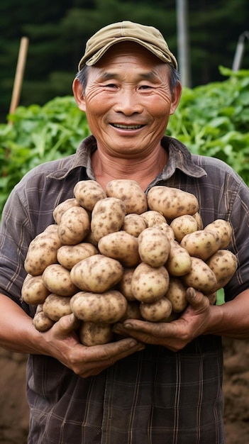 een man met een stapel aardappelen in zijn handen