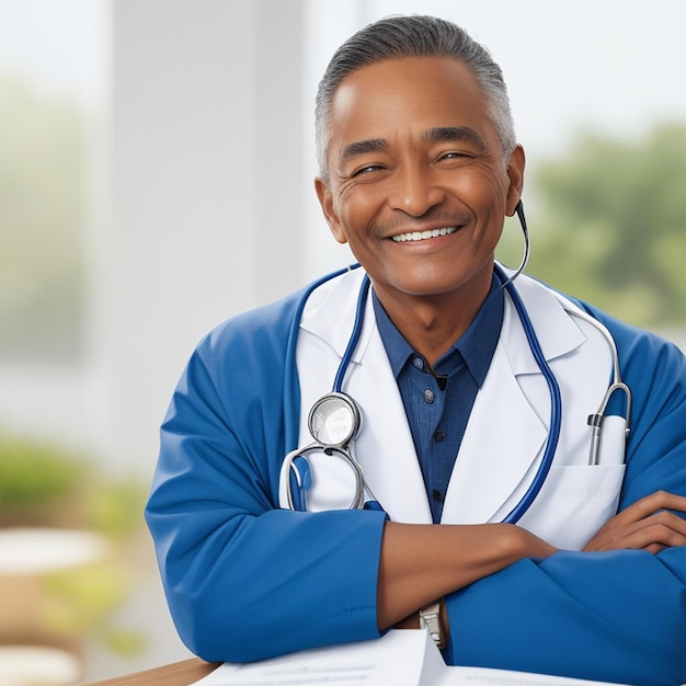 Een man met een stethoscoop op zijn jas glimlacht naar de dokter.