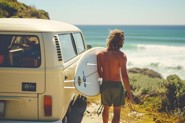 een man met een surfplank naast een busje